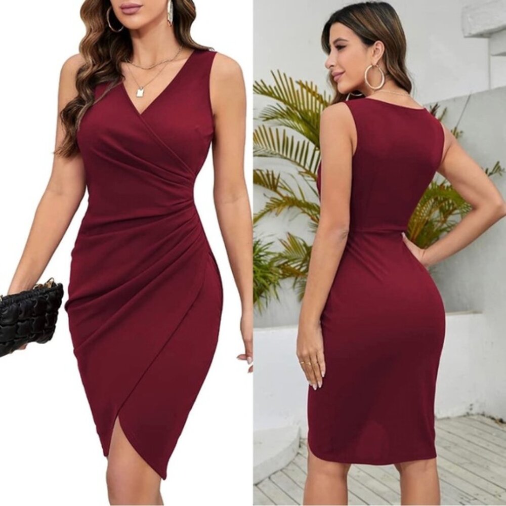 IHot | "Wine Red" V-Neck Sleeveless Faux Wrap Bodycon Dress | Size Large